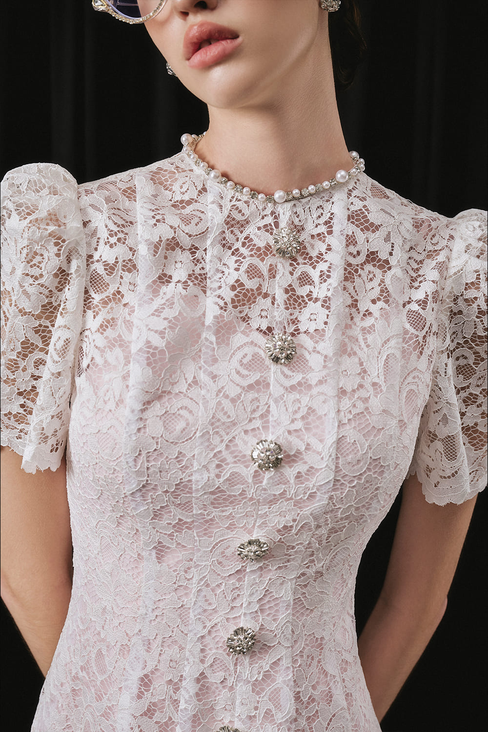 Women's Annely A-line Mock Neck Lace Midi Dress S/M/L/Customize White&Pink/White MEAN BLVD White&Pink / M Women's Annely A-line Mock Neck Lace Midi Dress S/M/L/Customize White&Pink/White MEAN BLVD White&Pink / M