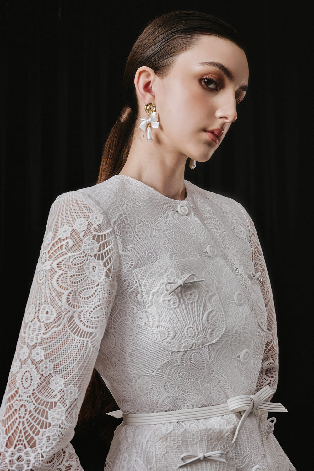 Soven Peplum Round Neck Lace Blazer