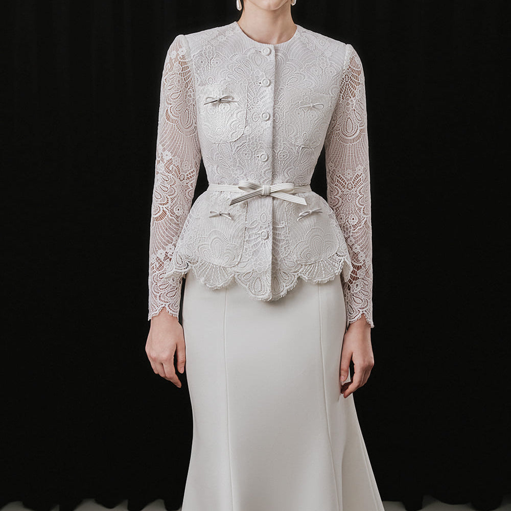 Soven Peplum Round Neck Lace Blazer