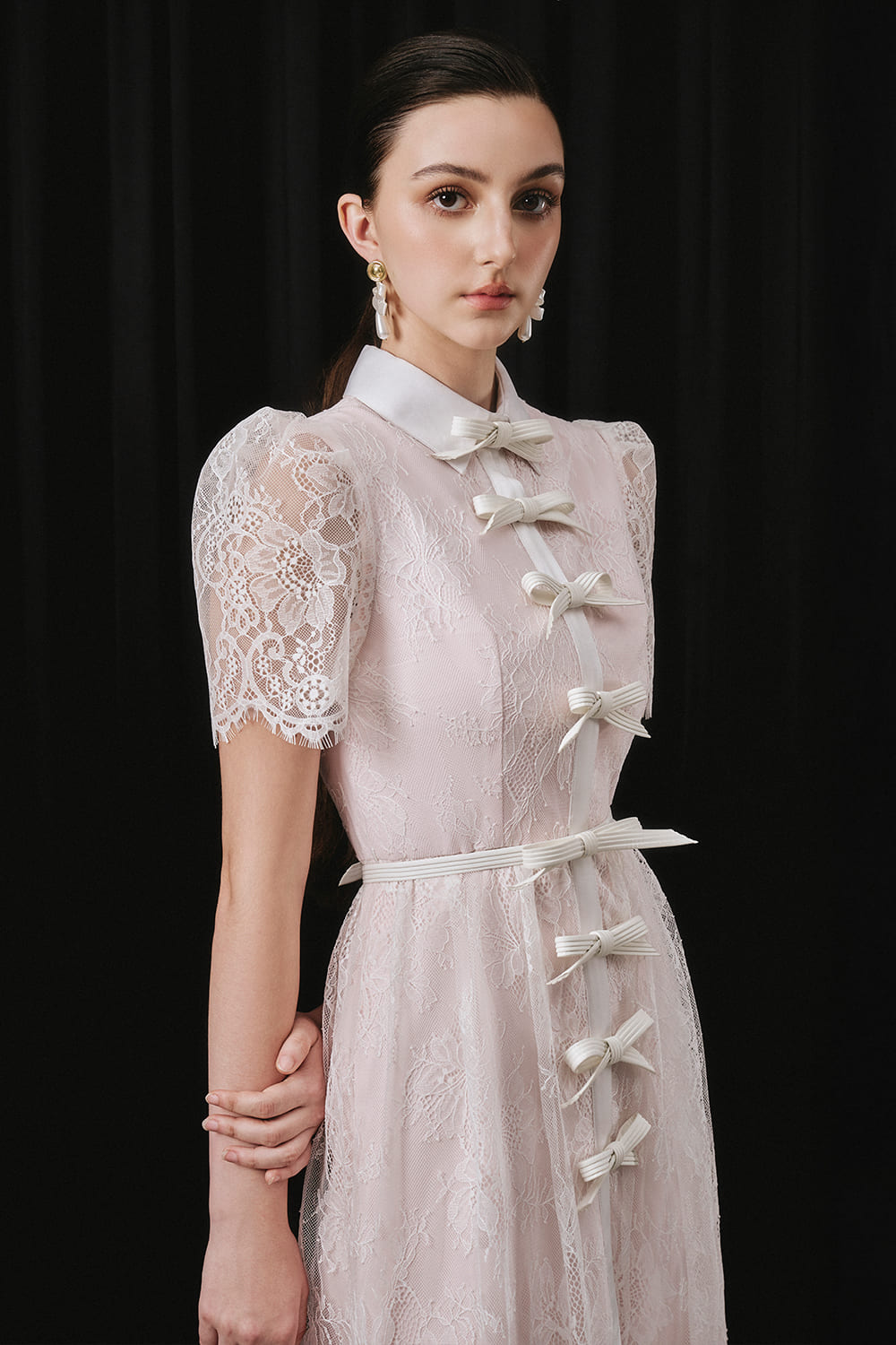 midi dress with collar neck Collar V-Neck Puff Sleeve Pleated Midi Dress in Taupe Sugar & Spice