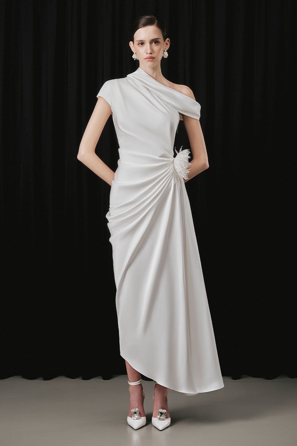 satin ankle dress Women's Solxie Asymmetric Draped Silk Satin Ankle Length Dress S/M/L/Customize White MEAN BLVD White / Customize