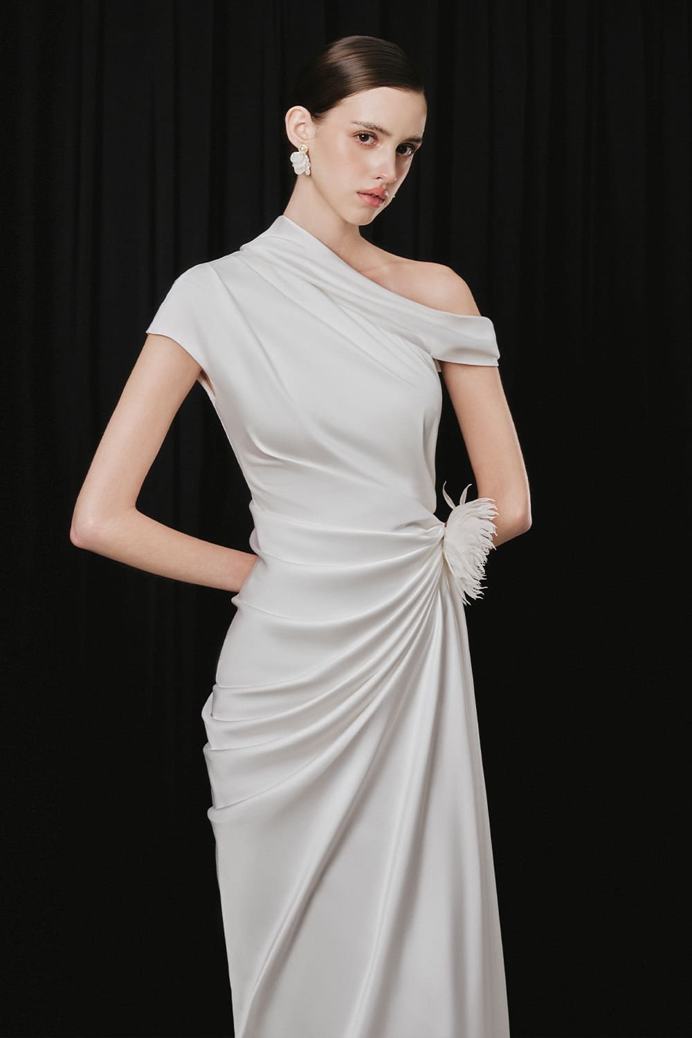 Solxie Asymmetric Draped Silk Satin Ankle Length Dress