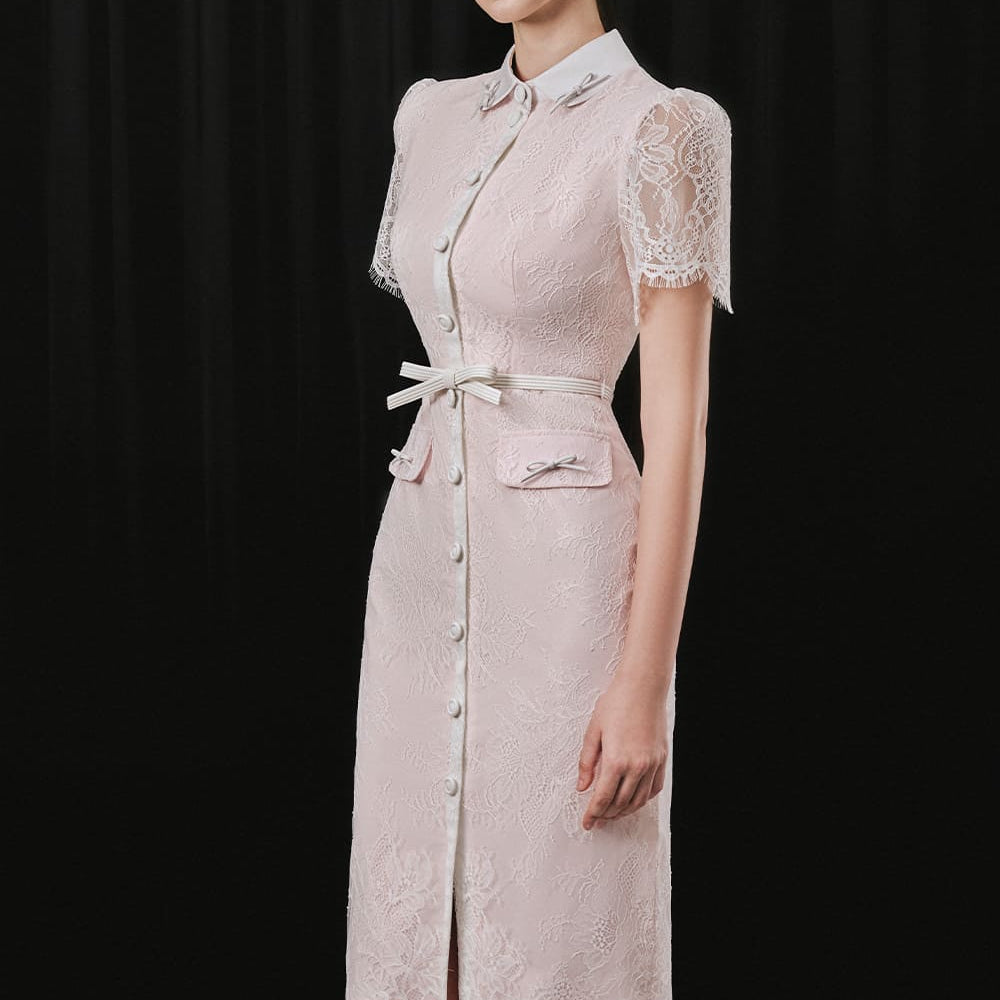 Dential Pencil Collared Neck Lace Midi Dress