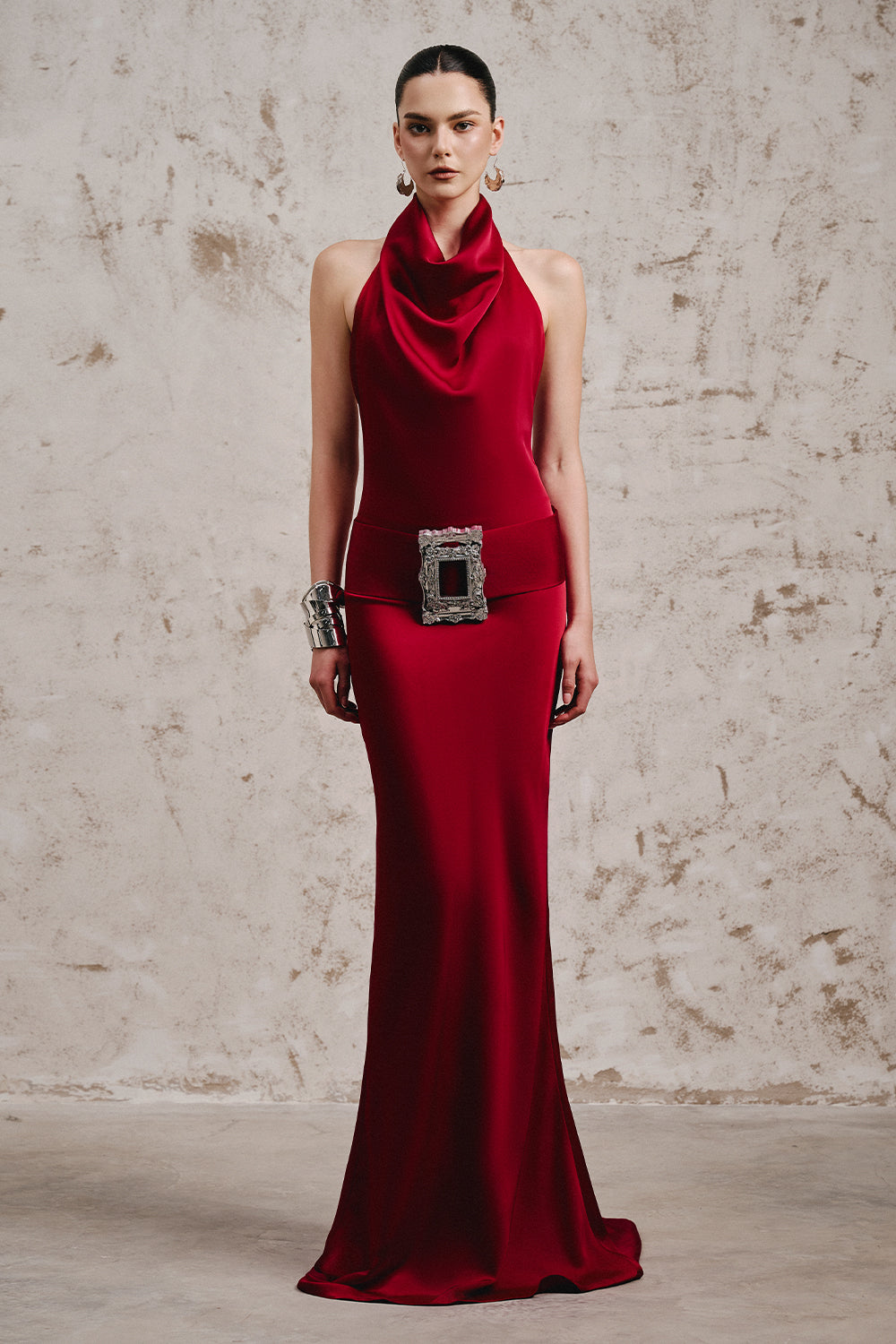 Aspartam Mermaid Halter Neck Silk Satin Floor Length Dress