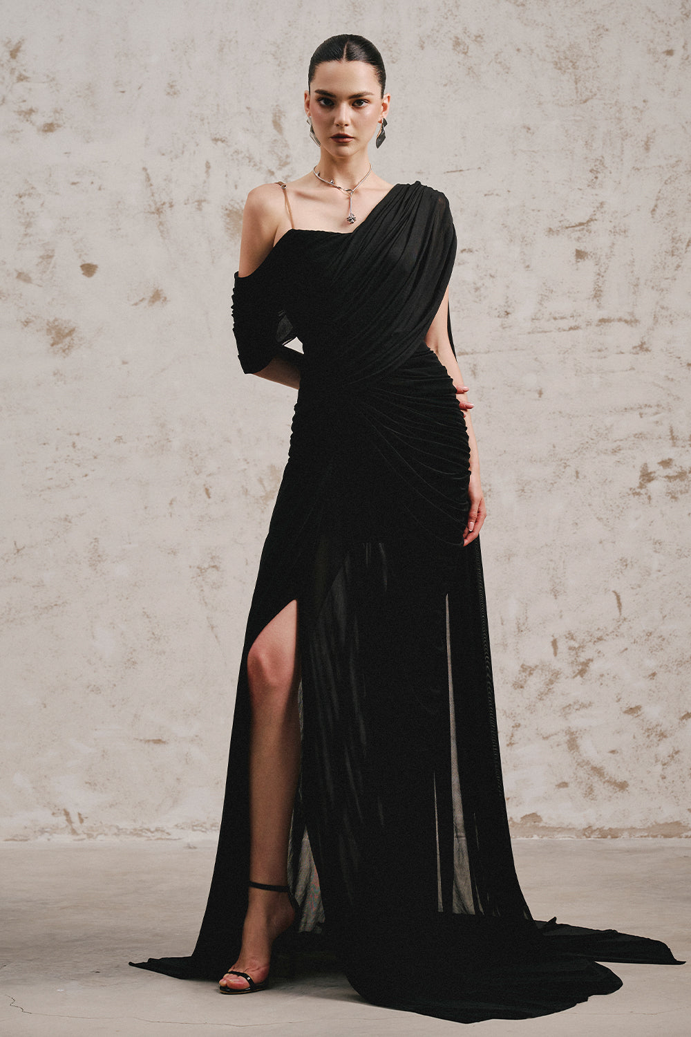 Cecelee Mermaid Asymmetric Sleeved Tulle Floor Length Dress