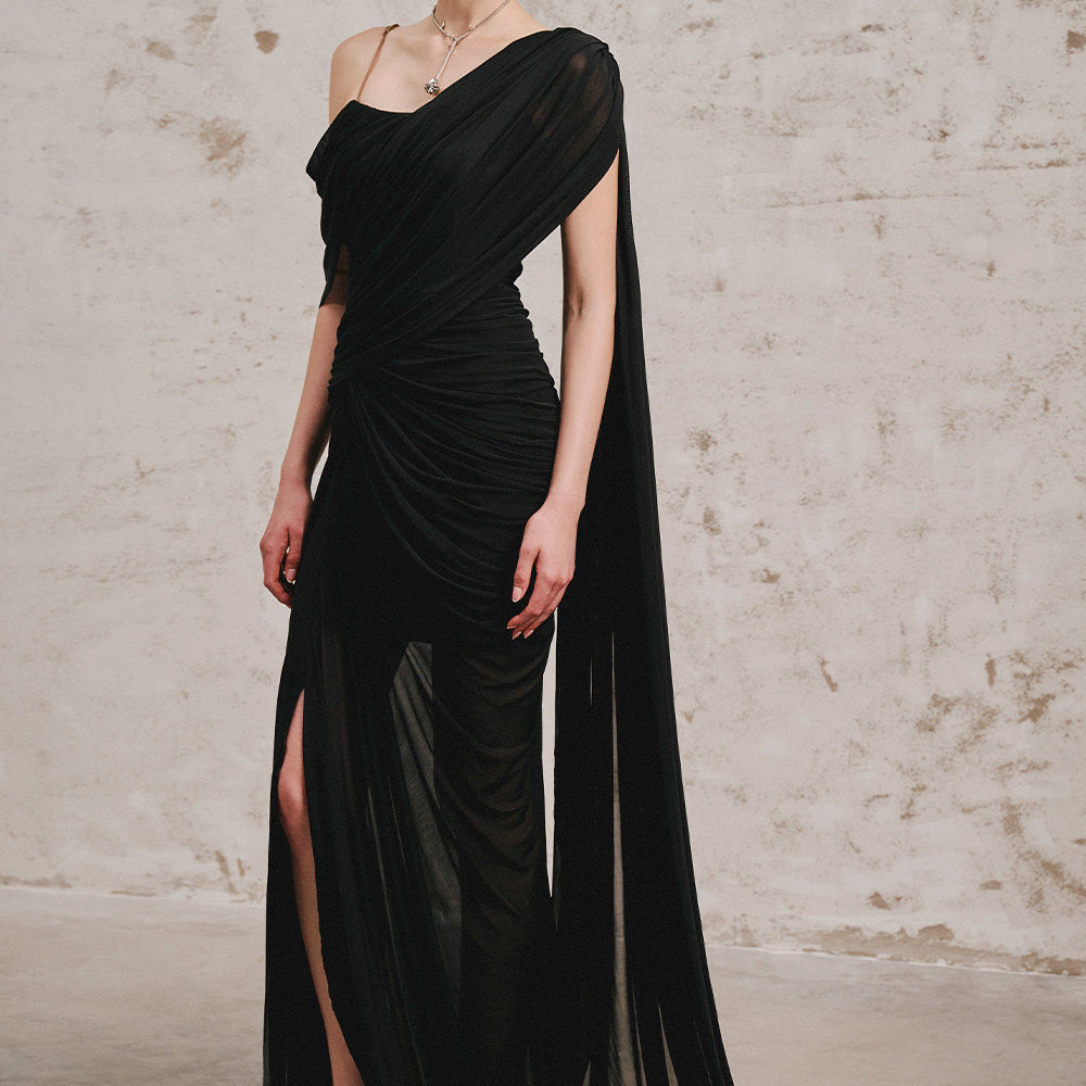 Cecelee Mermaid Asymmetric Sleeved Tulle Floor Length Dress