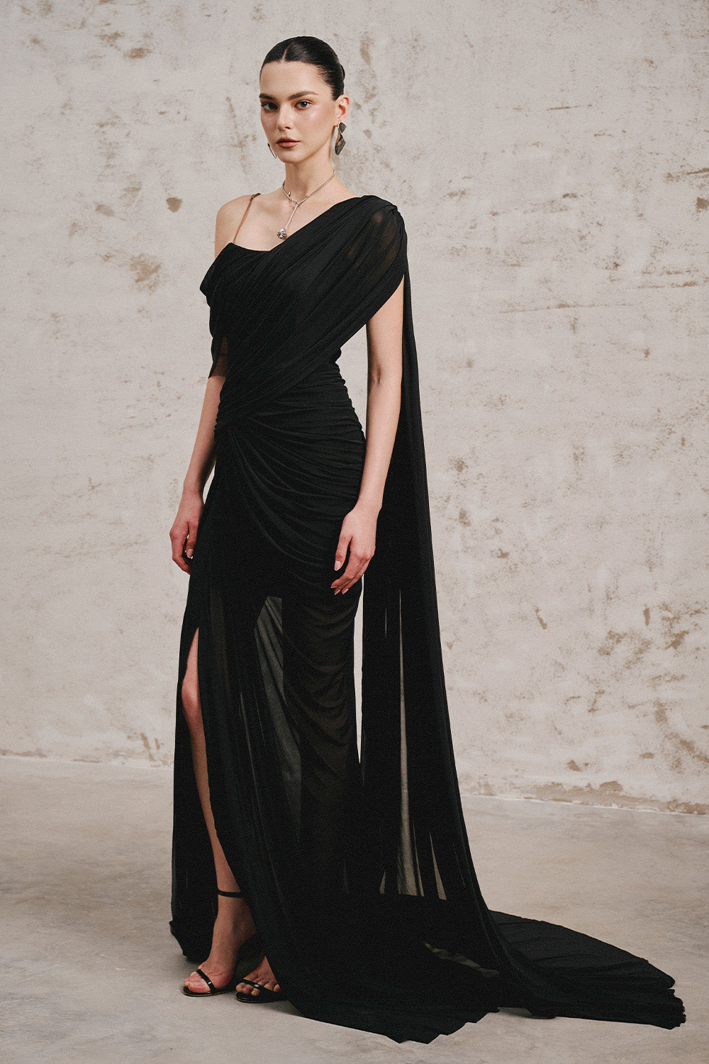 Cecelee Mermaid Asymmetric Sleeved Tulle Floor Length Dress