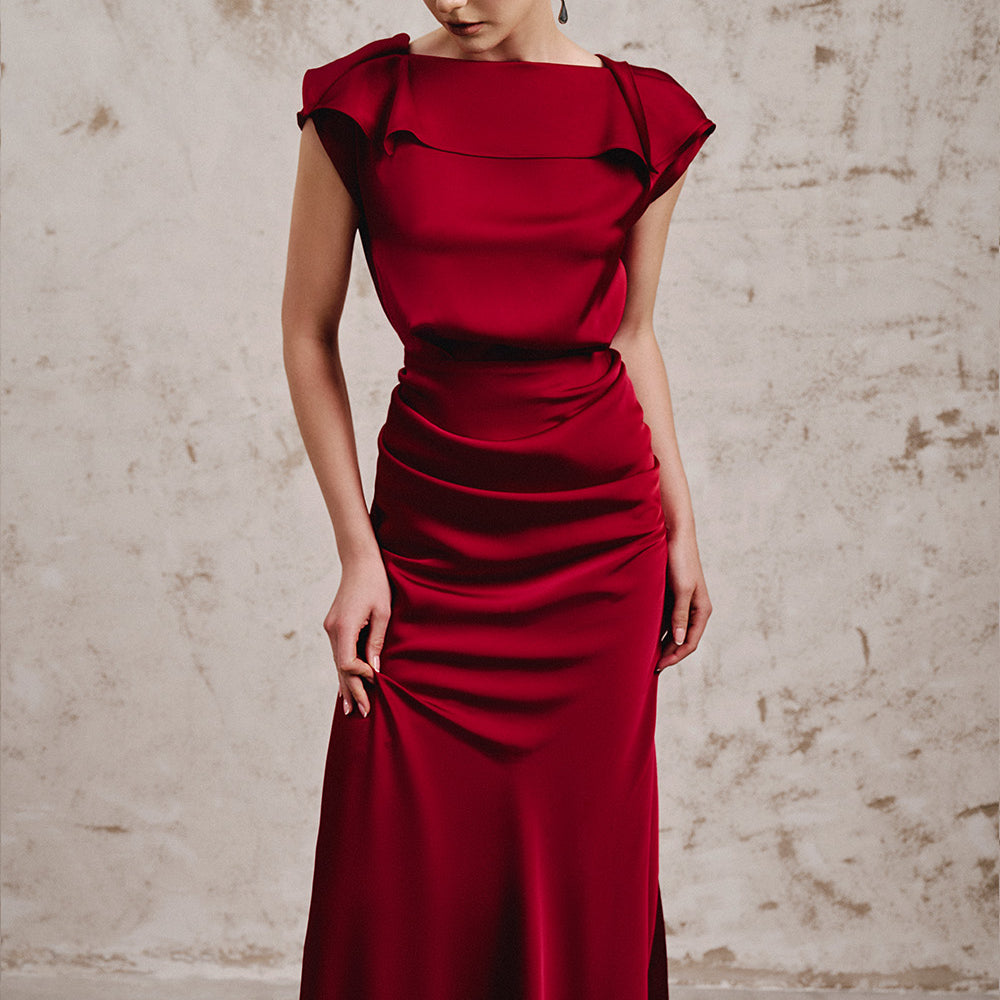 Longlan Mermaid Boat Neck Silk Satin Floor Length Dress