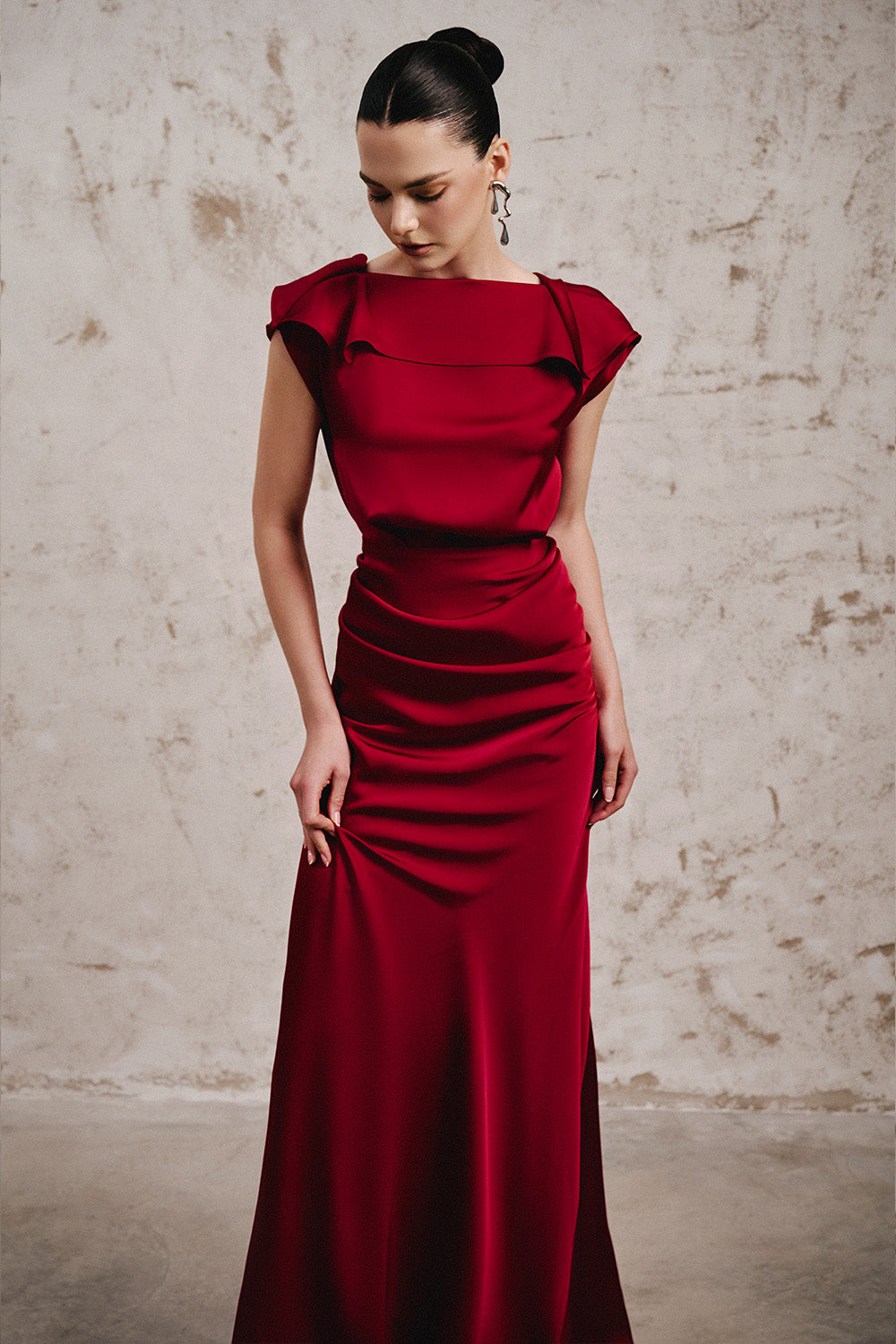 Longlan Mermaid Boat Neck Silk Satin Floor Length Dress