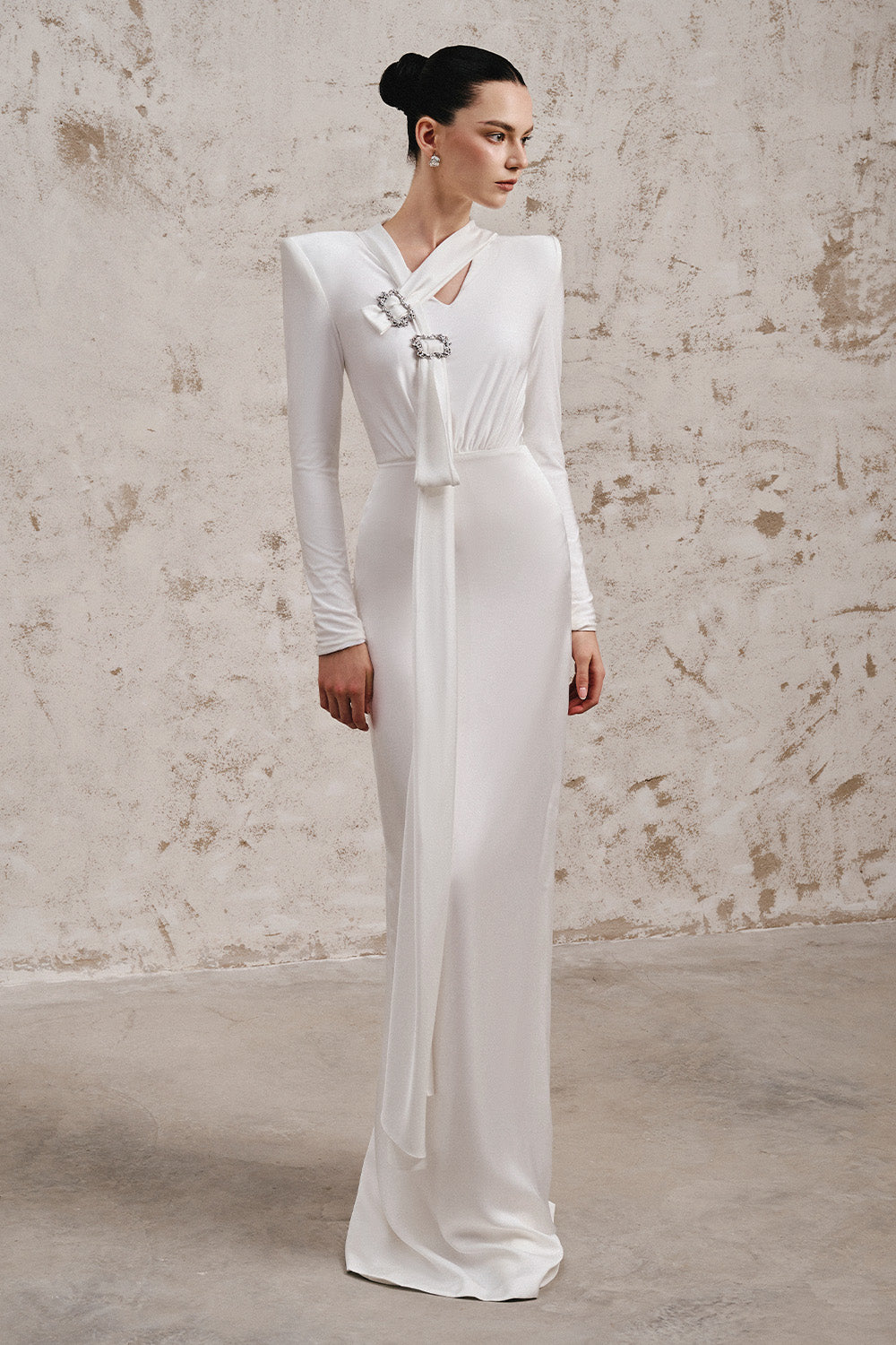 Chanfa Bodycon Square Shoulder Silk Spandex Floor Length Dress