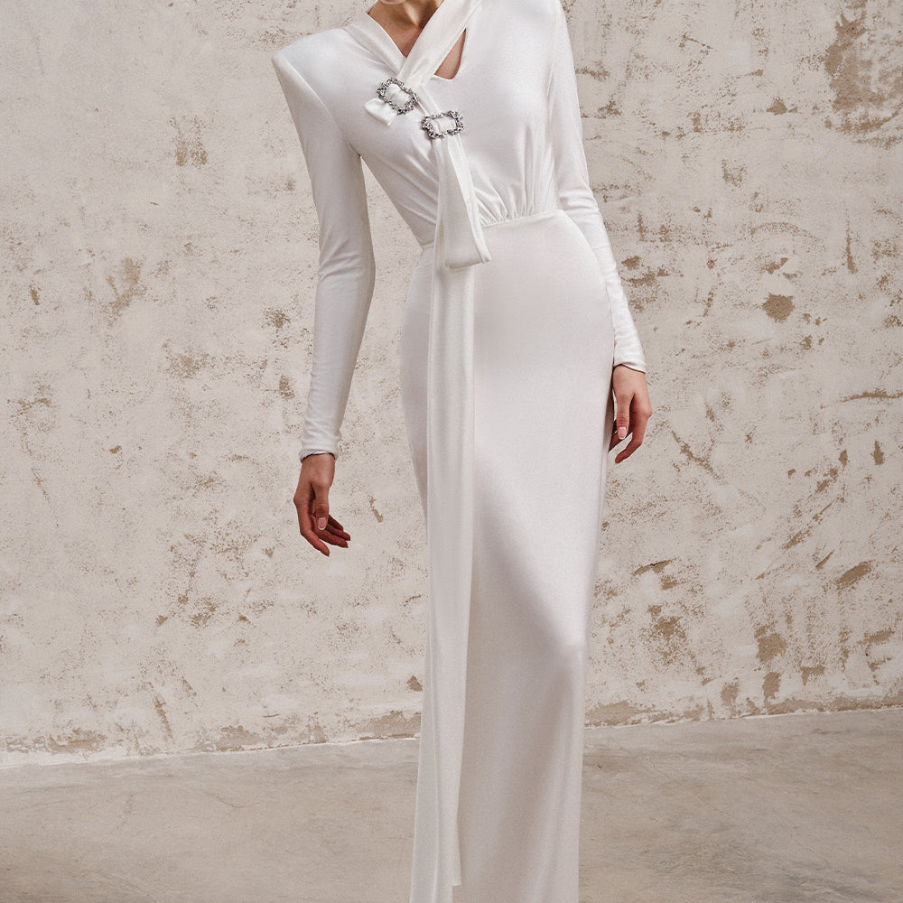 Chanfa Bodycon Square Shoulder Silk Spandex Floor Length Dress