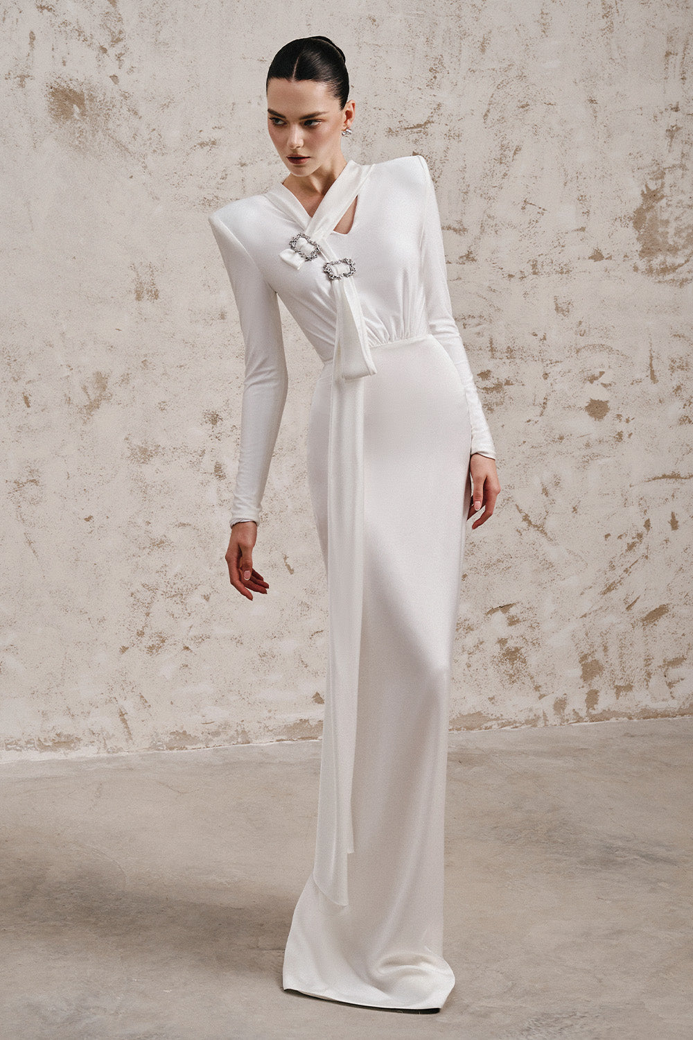 Women's Chanfa Bodycon Square Shoulder Silk Spandex Floor Length Dress Customize Ivory White MEAN BLVD Women's Chanfa Bodycon Square Shoulder Silk Spandex Floor Length Dress Customize Ivory White MEAN BLVD