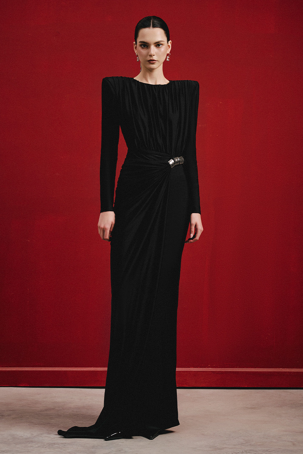 Toolie Sheath Square Shoulder Silk Spandex Floor Length Dress