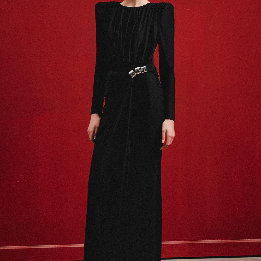 Toolie Sheath Square Shoulder Silk Spandex Floor Length Dress