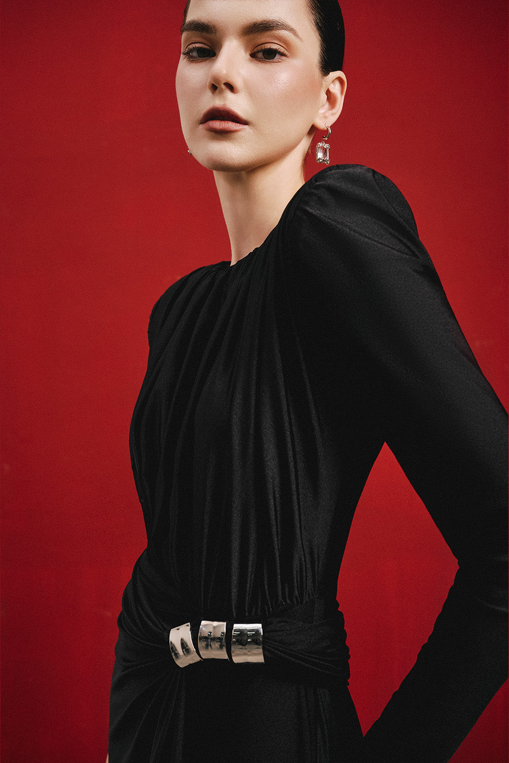 Toolie Sheath Square Shoulder Silk Spandex Floor Length Dress