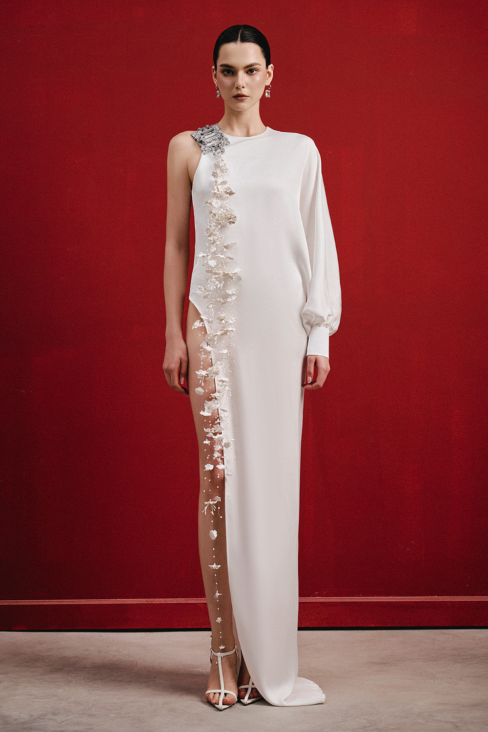 Xoxila Asymmetric Flower Applique Silk Satin Floor Length Dress