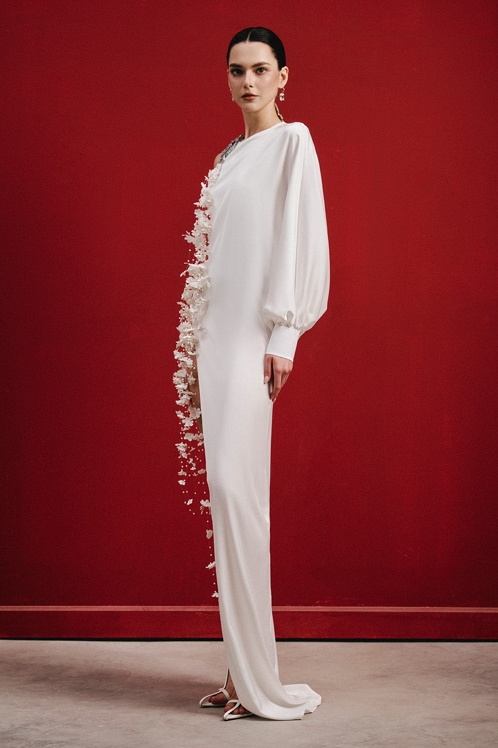 Xoxila Asymmetric Flower Applique Silk Satin Floor Length Dress