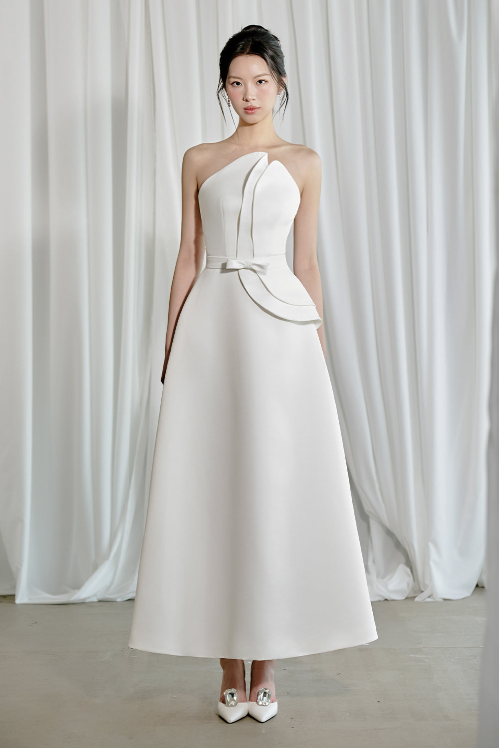 Adara A-line Draped Taffeta Cotton Midi Dress White / M
