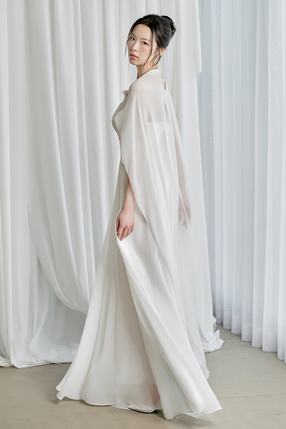 Women's Kyra A-line Cape Sleeved Crinkle Chiffon Maxi Dress S/M/L/Customize White MEAN BLVD Women's Kyra A-line Cape Sleeved Crinkle Chiffon Maxi Dress S/M/L/Customize White MEAN BLVD