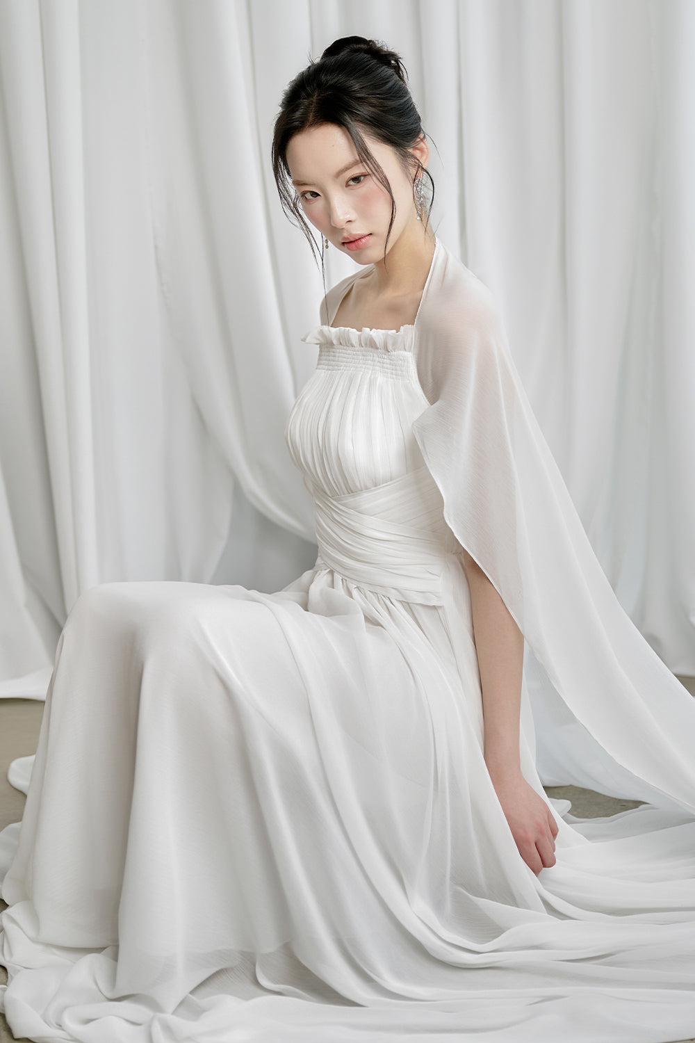 Women's Kyra A-line Cape Sleeved Crinkle Chiffon Maxi Dress S/M/L/Customize White MEAN BLVD Women's Kyra A-line Cape Sleeved Crinkle Chiffon Maxi Dress S/M/L/Customize White MEAN BLVD