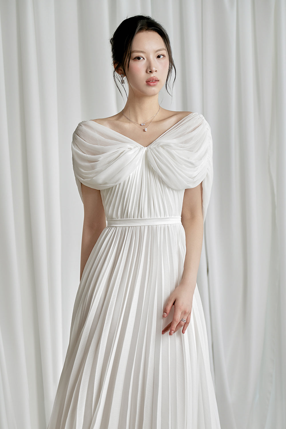 Women's Heela A-line Off-Shoulder Chiffon Midi Dress S/M/L/Customize White MEAN BLVD Women's Heela A-line Off-Shoulder Chiffon Midi Dress S/M/L/Customize White MEAN BLVD