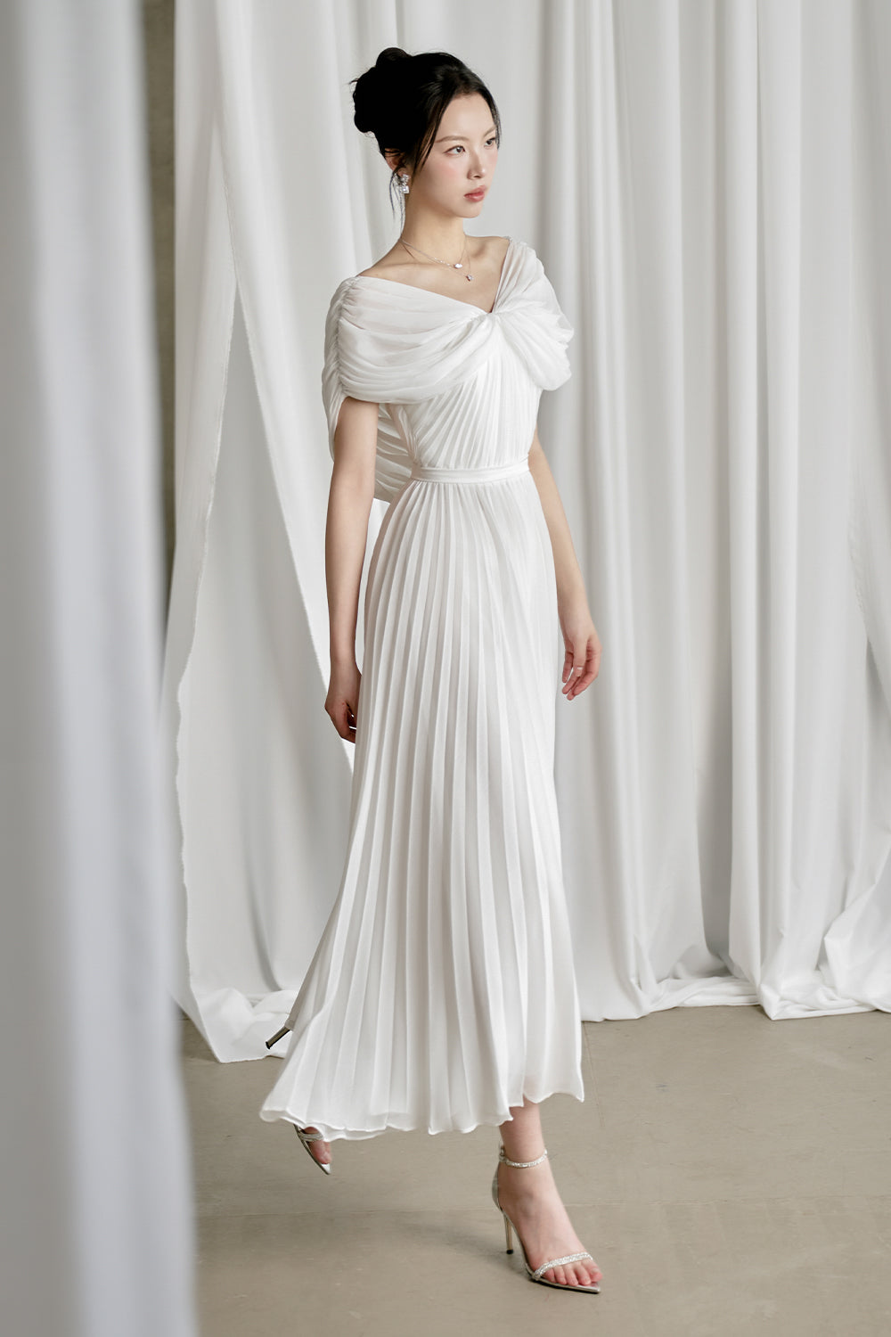a line chiffon midi dress Beige Chiffon Ruffle A Line Midi Dress with Puff Sleeves