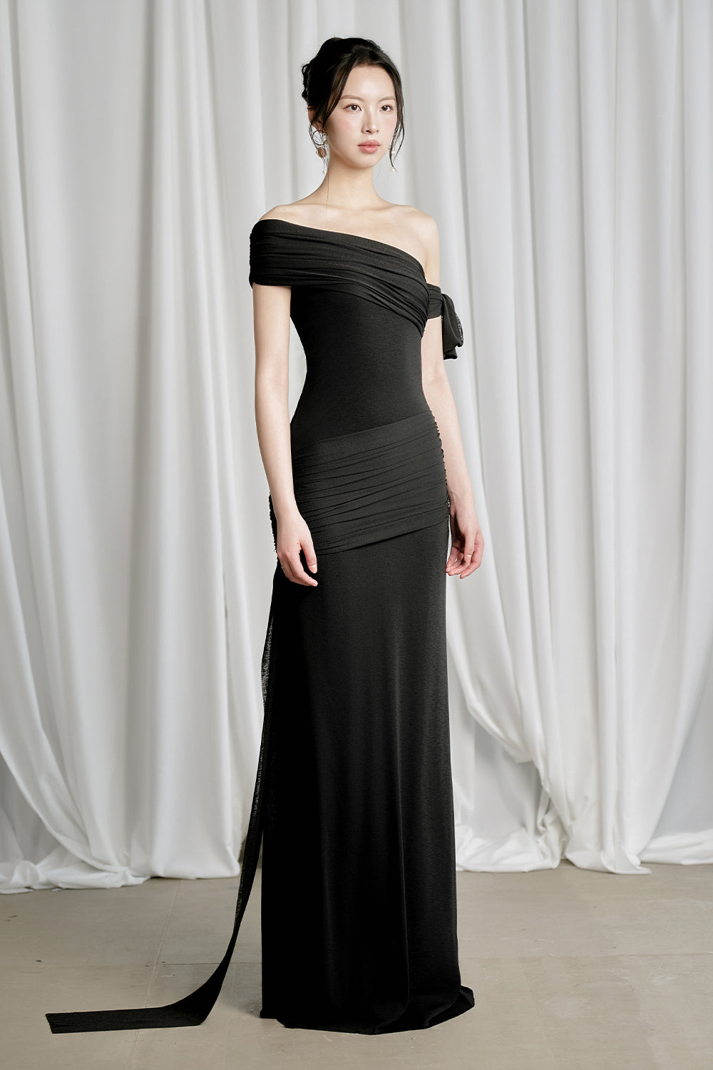 Zuma Sheath Asymmetric Neck Ribbed Cotton Floor Length Dress