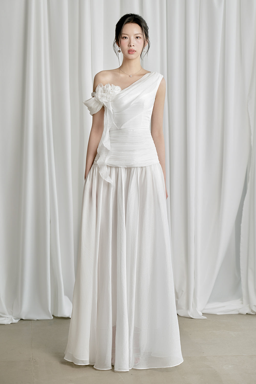 Venus Gathered Asymmetric Neck Silk Chiffon Floor Length Dress