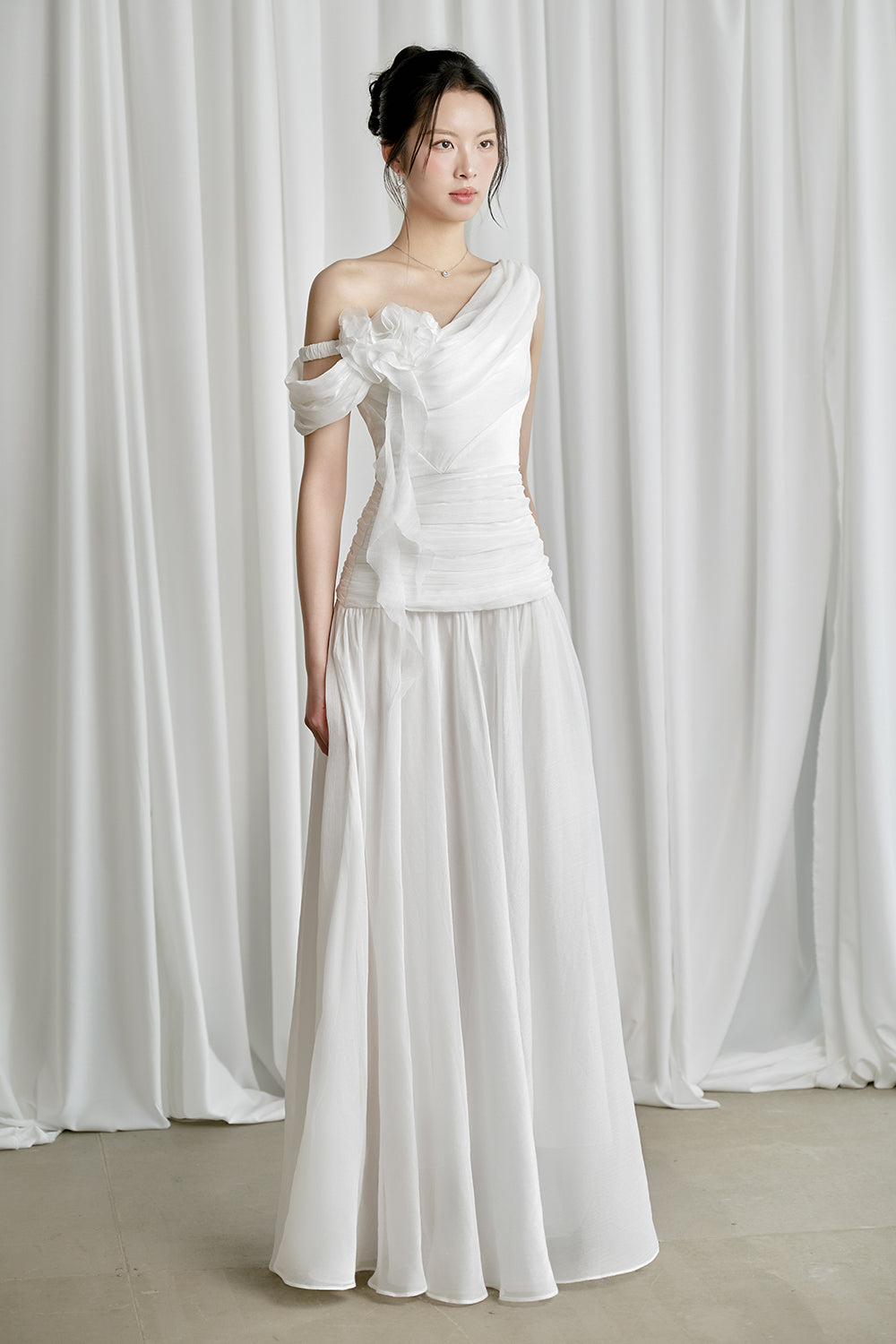 Venus Gathered Asymmetric Neck Silk Chiffon Floor Length Dress