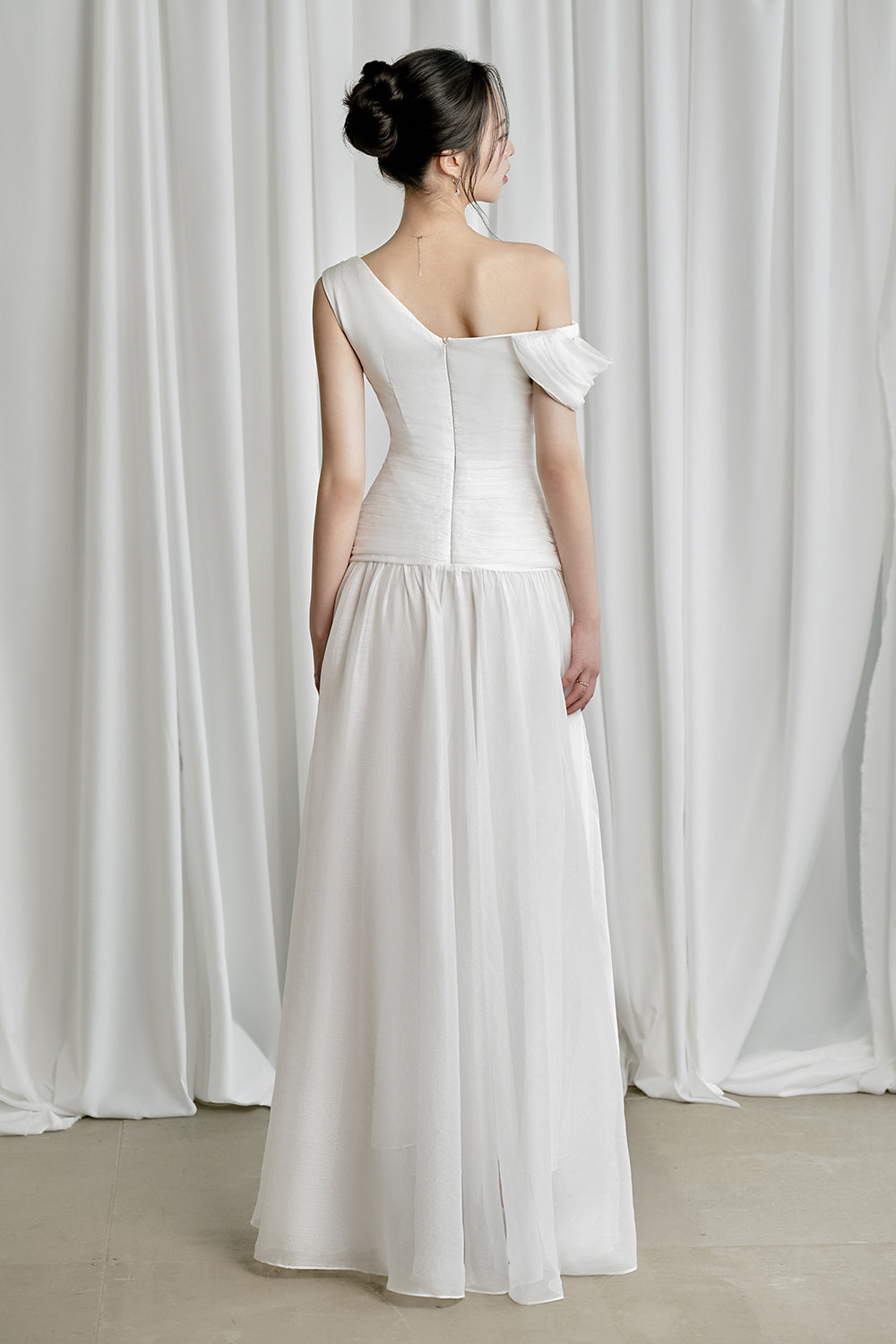 Venus Gathered Asymmetric Neck Silk Chiffon Floor Length Dress