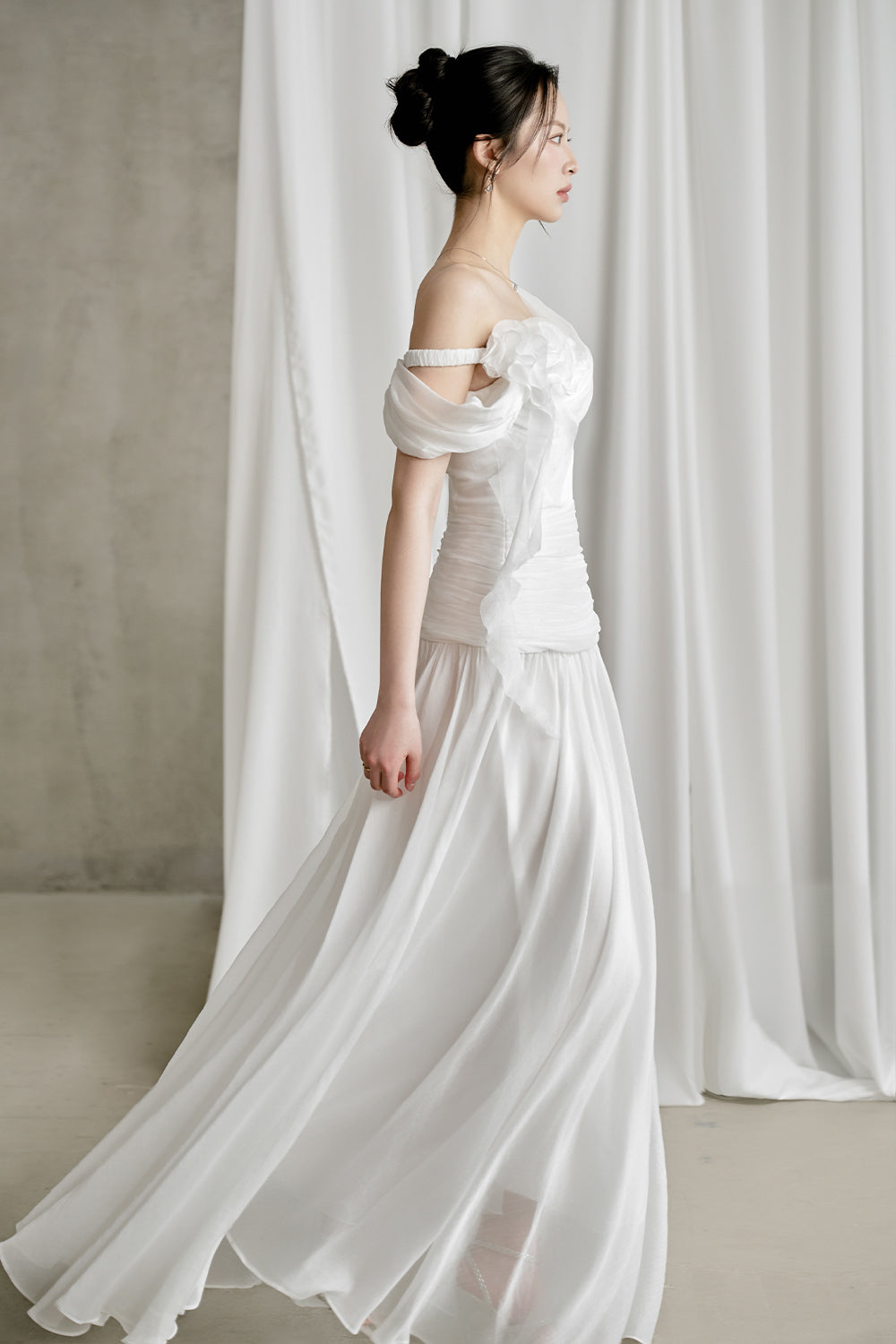 Venus Gathered Asymmetric Neck Silk Chiffon Floor Length Dress