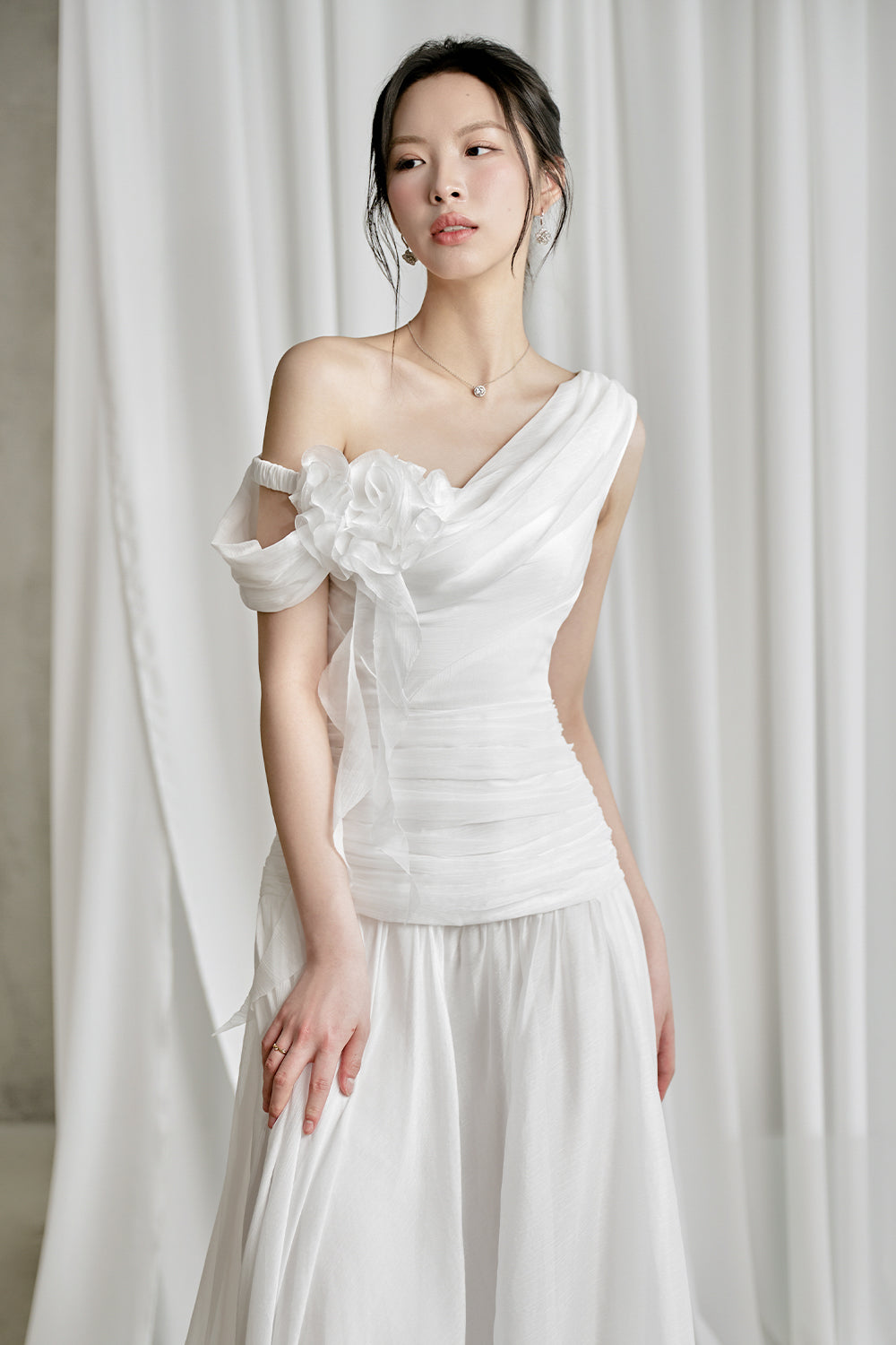 Venus Gathered Asymmetric Neck Silk Chiffon Floor Length Dress