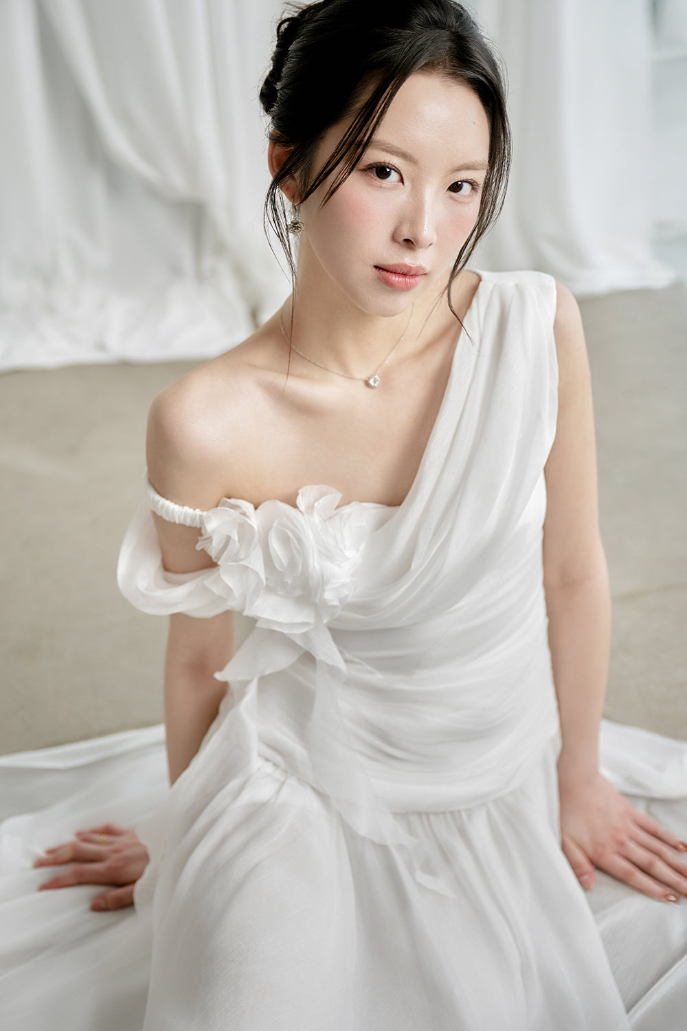 Venus Gathered Asymmetric Neck Silk Chiffon Floor Length Dress