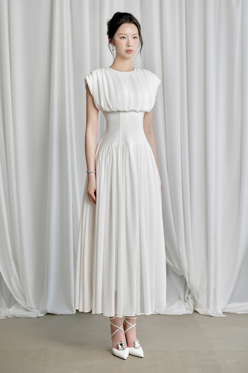 Women's Rani A-line Corset Chiffon Midi Dress S/M/L/Customize White MEAN BLVD Women's Rani A-line Corset Chiffon Midi Dress S/M/L/Customize White MEAN BLVD
