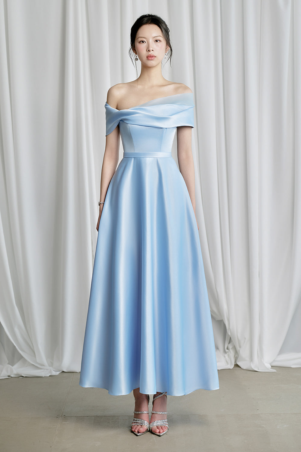 Lazina A-line Asymmetric Sleeved Taffeta Midi Dress