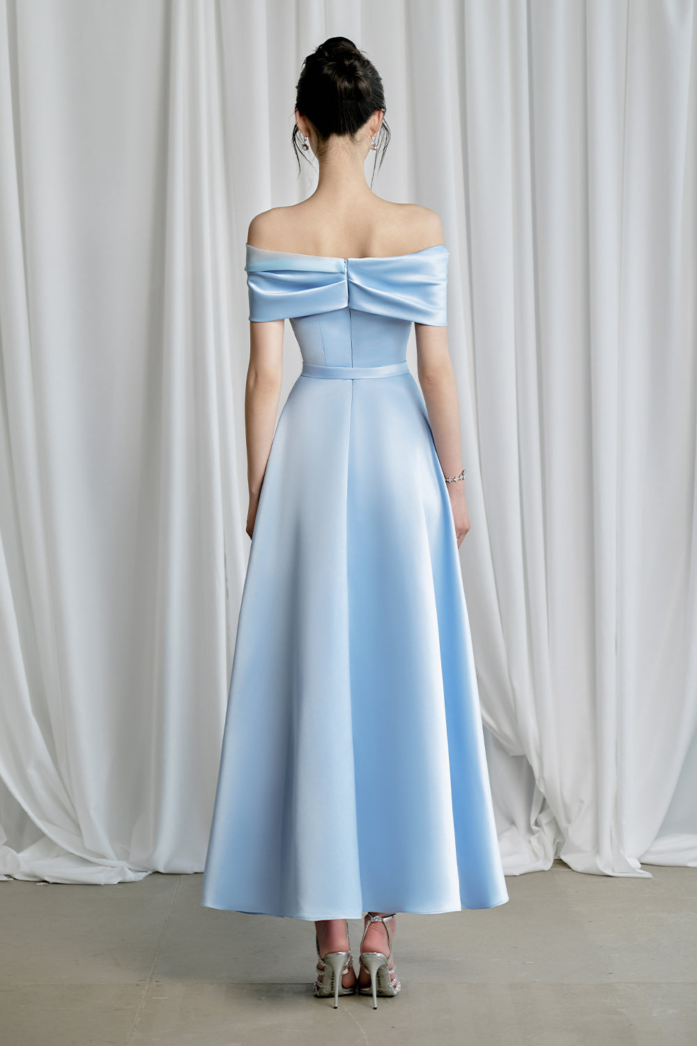 Lazina A-line Asymmetric Sleeved Taffeta Midi Dress