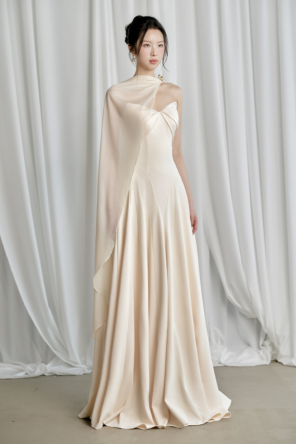 Habiba A-line Cape Sleeved Twill Silk Floor Length Dress