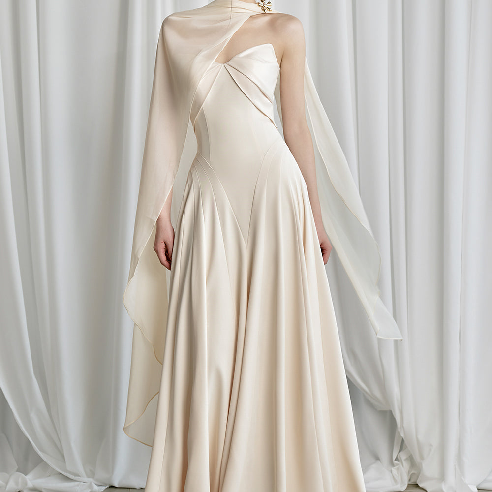 Habiba A-line Cape Sleeved Twill Silk Floor Length Dress