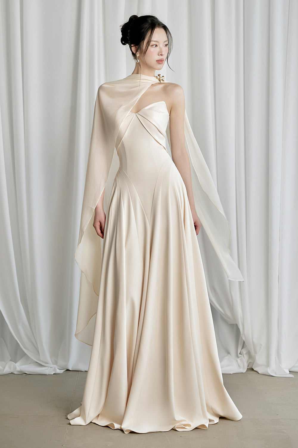 Women's Habiba A-line Cape Sleeved Twill Silk Floor Length Dress S/M/L/Customize Cream MEAN BLVD Women's Habiba A-line Cape Sleeved Twill Silk Floor Length Dress S/M/L/Customize Cream MEAN BLVD
