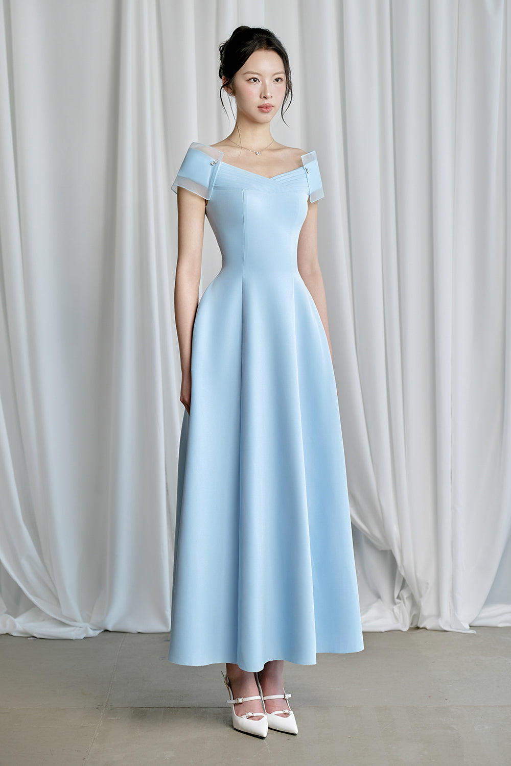 Women's Merit A-line Off-Shoulder Spandex Homespun Midi Dress S/M/L/Customize Baby Blue MEAN BLVD Baby Blue / S Women's Merit A-line Off-Shoulder Spandex Homespun Midi Dress S/M/L/Customize Baby Blue MEAN BLVD Baby Blue / S