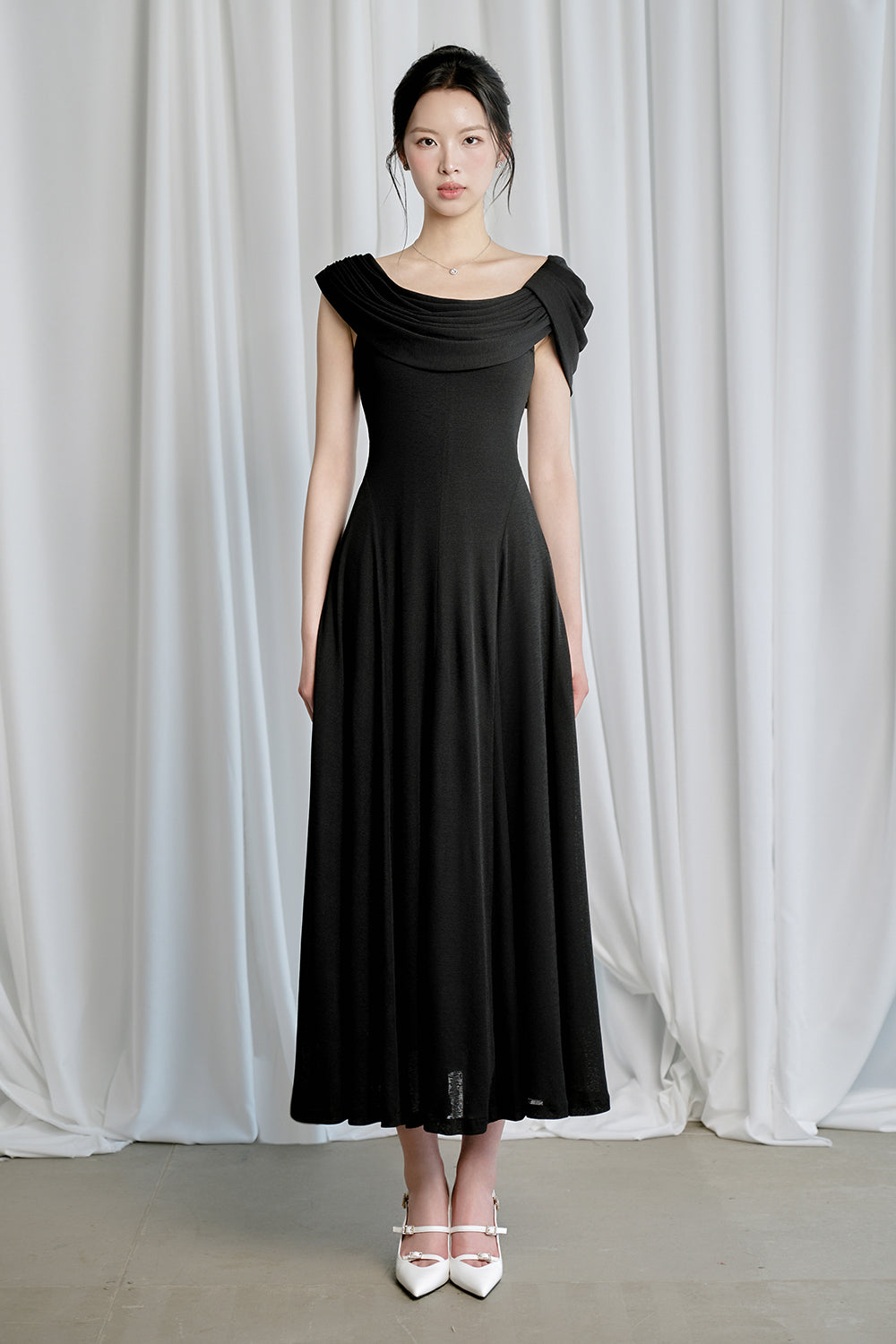 Ria A-line Asymmetric Shoulder Ribbed Cotton Midi Dress