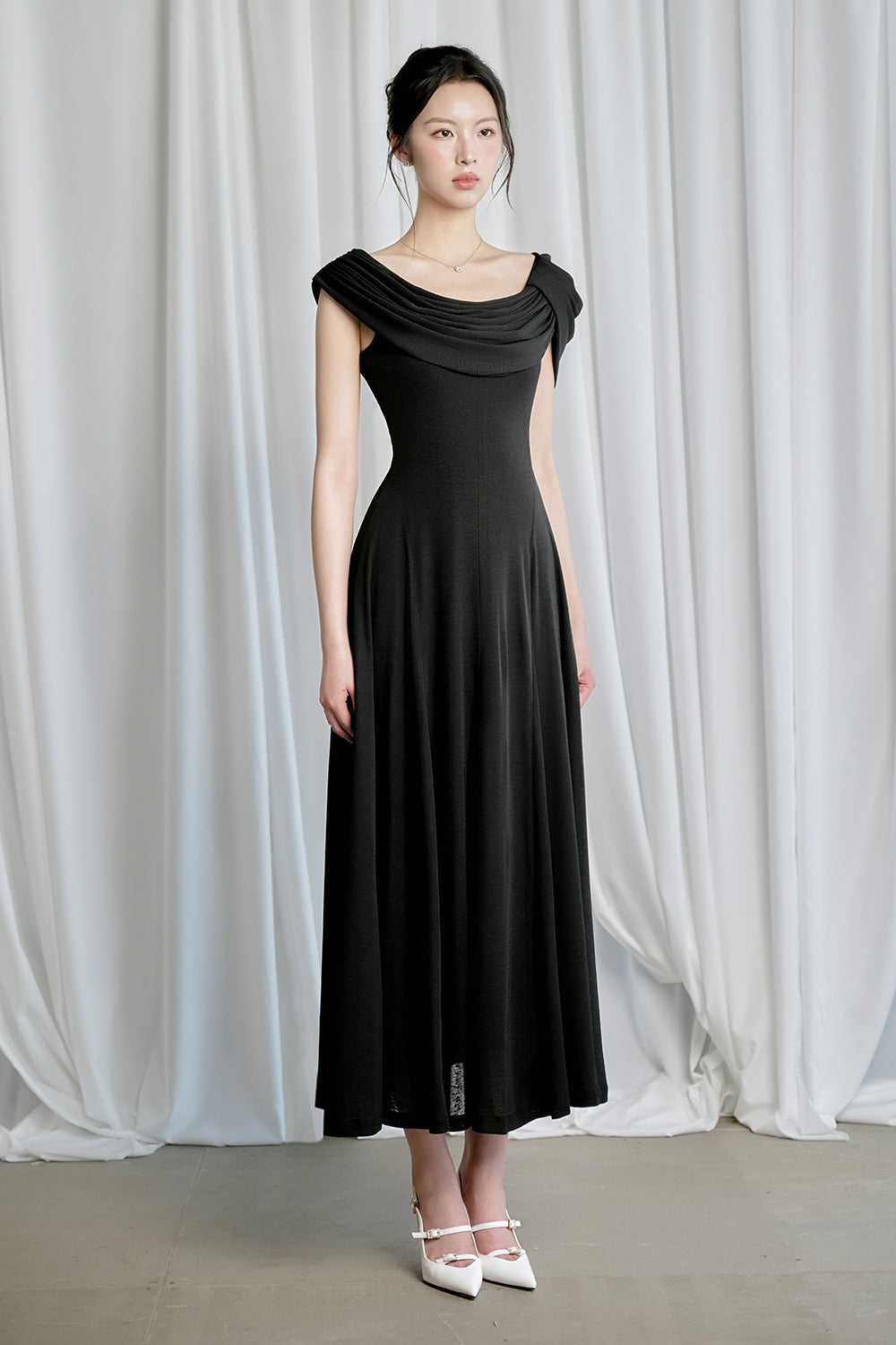 Ria A-line Asymmetric Shoulder Ribbed Cotton Midi Dress