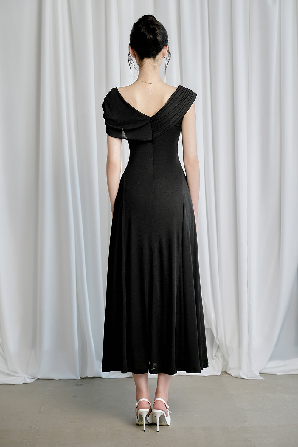 Ria A-line Asymmetric Shoulder Ribbed Cotton Midi Dress