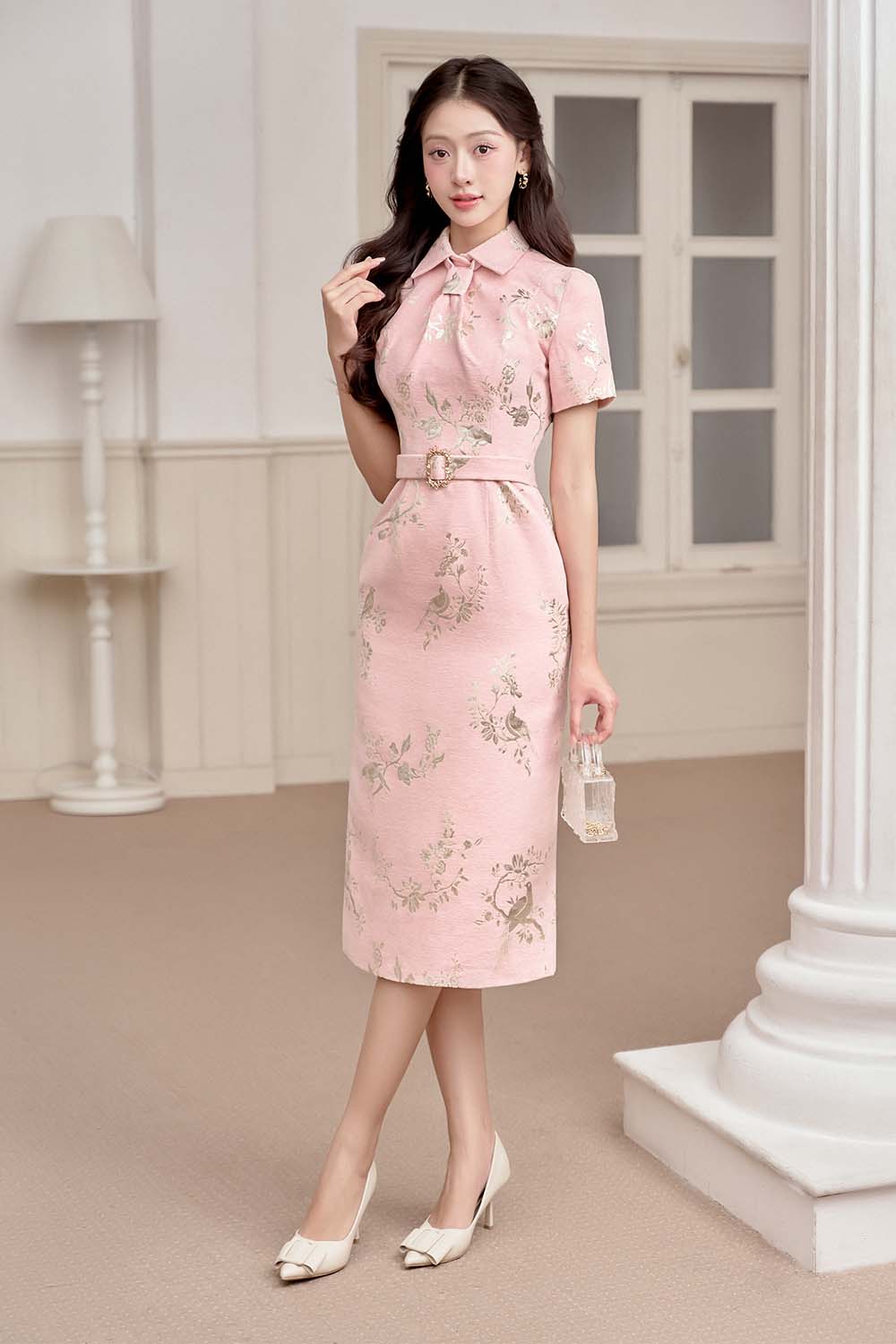 Canie Sheath Belt Strap Brocade Midi Dress
