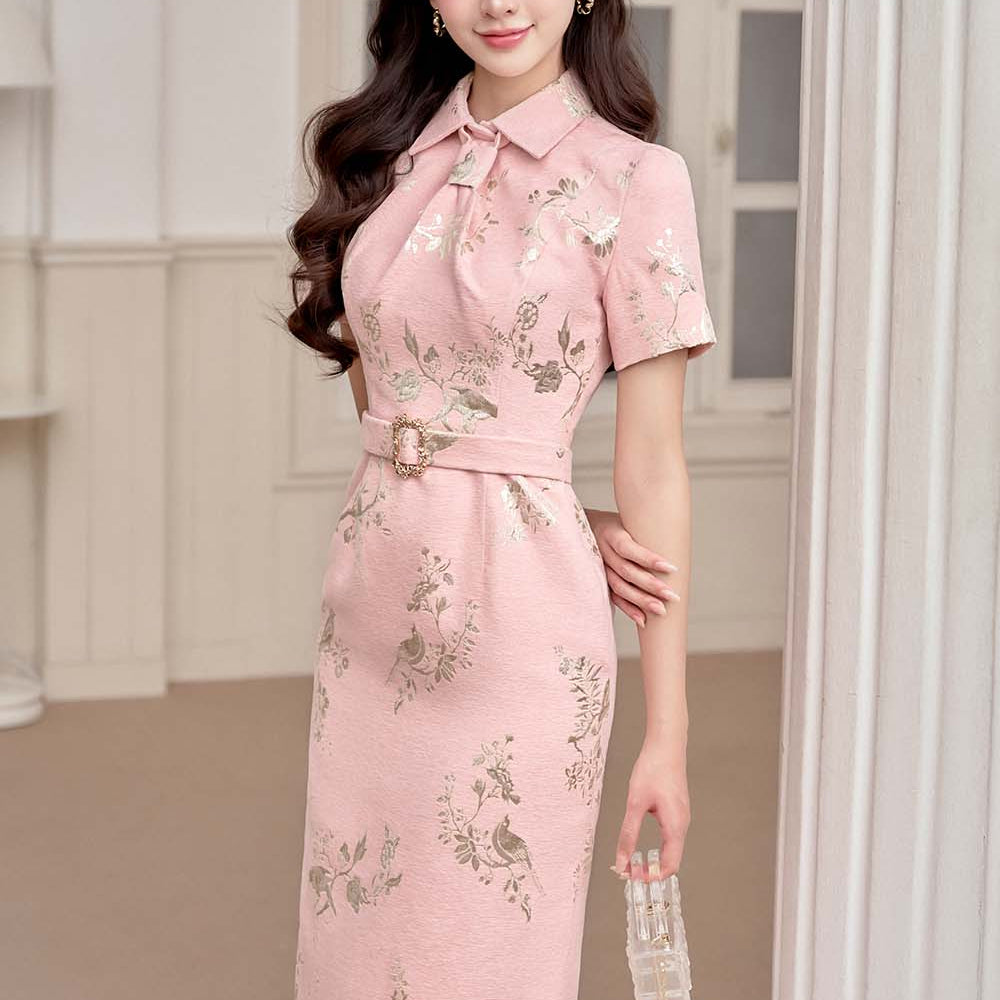 Canie Sheath Belt Strap Brocade Midi Dress