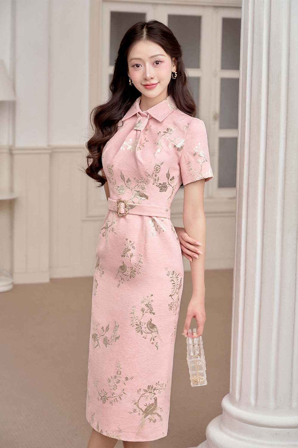 Canie Sheath Belt Strap Brocade Midi Dress