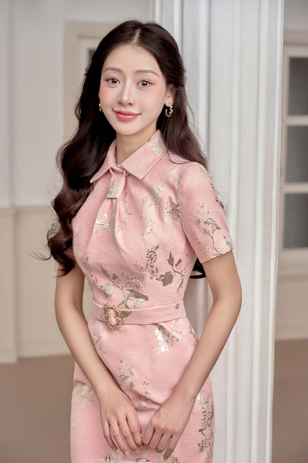 Canie Sheath Belt Strap Brocade Midi Dress