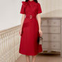 Chrison A-line Tie Neck Taffeta Midi Dress