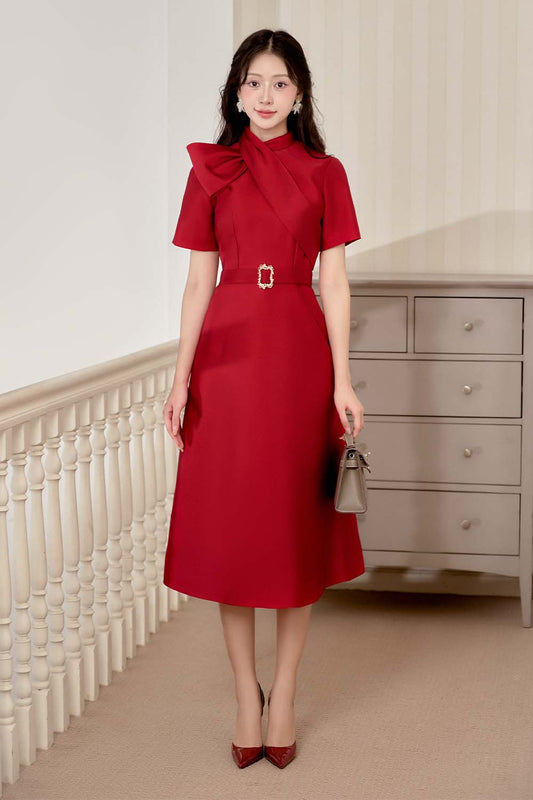 Chrison A-line Tie Neck Taffeta Midi Dress