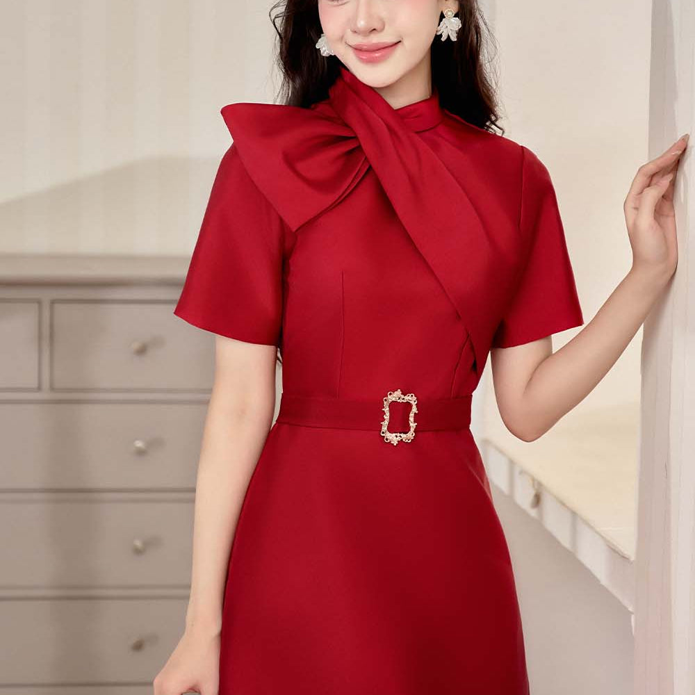 Chrison A-line Tie Neck Taffeta Midi Dress